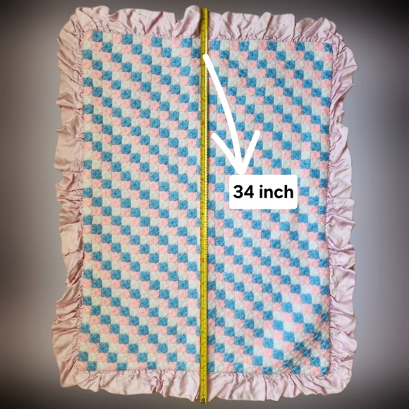 Vintage 80’s Handmade Baby Blanket Pink&Blue Checkered Satin Ruffle Trim 26"x34" - Picture 5 of 5